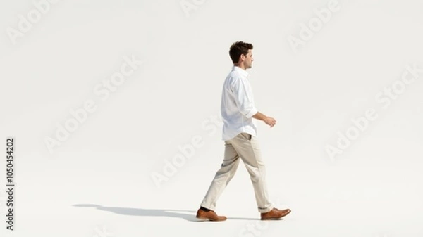 Fototapeta A man walks confidently across a minimalist space showcasing style and poise in natural light