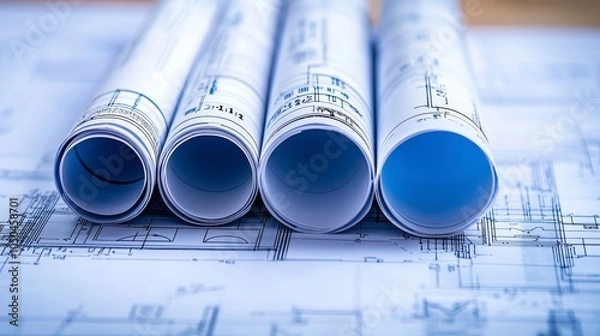 Obraz Detailed blueprints for engineering, architecture, or construction projects technical drawings and design plans