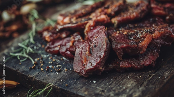 Fototapeta Close up jerked meat, cow, deer, wild beast or biltong 