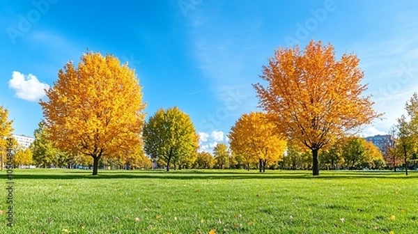 Fototapeta Bright yellow trees stand majestically against a clear blue sky, surrounded by lush green grass, embodying the vibrant beauty of autumn.