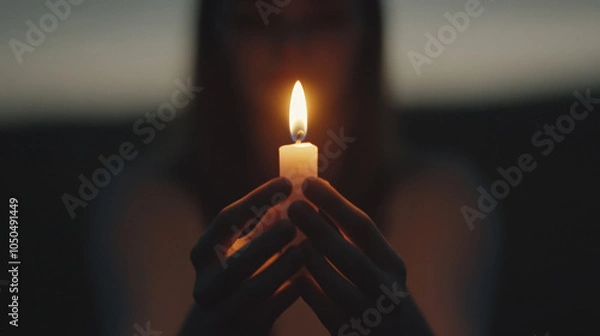 Obraz Close-up of Woman Holding a Lit Candle in Dark Background, Symbolizing Hope, Solitude, and Reflection.