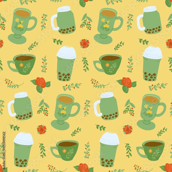 Fototapeta WSeamless pattern with various green cups and bubble tea jars accomplished with floral elements on warm yellow background, creating cozy and refreshing design. Vector illustration in flat style