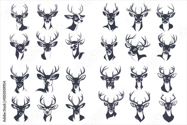 Fototapeta Deer Heads in Unique Poses Vector Set