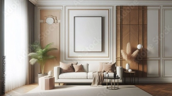 Fototapeta 3D-rendered living room scene with an empty white wall and wood panel details, a beige sofa, and stylish decorations, offering a realistic template for design mockups.