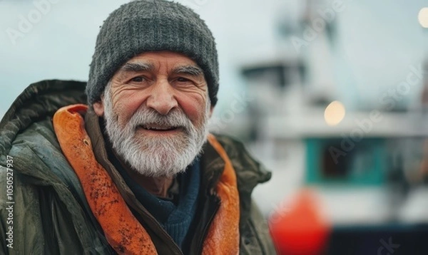 Fototapeta Senior fisherman holding a fresh salmon at harbor. Generative AI image