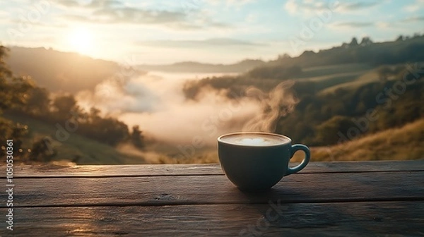 Fototapeta A close-up of a coffee cup on a wooden terrace with a fog-filled valley in the background. The steam from the coffee rises into the cool morning air,