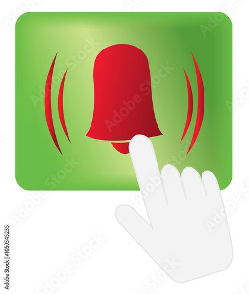 Fototapeta click bell icon with hand, forefinger, point cursor, hand mouse cursor, turn on button, notification sign, bel icon, signal symbol, alert sign, alarm sign, red color, ringtone sign, reminder sign, PNG