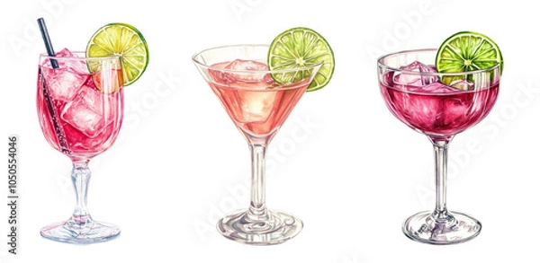 Fototapeta A set of watercolor cocktails in glass glasses decorated with a slice of lime png. A variety of cocktail drinks with ice and a straw decorated with a piece of lime. Bar elements.