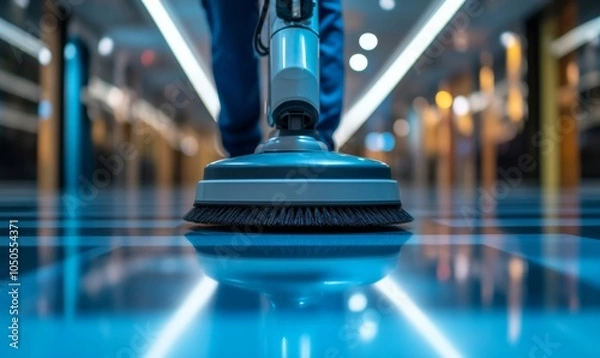 Fototapeta Professional janitorial staff using an industrial floor buffer machine for cleaning and polishing the hallway of a modern corporate or commercial, Generative AI