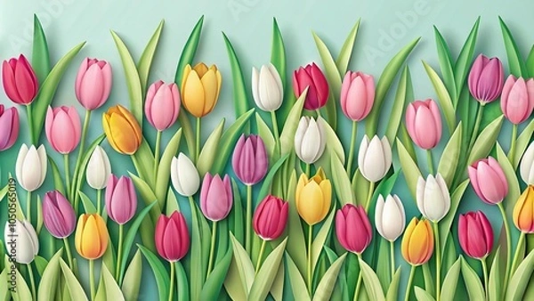 Fototapeta seamless pattern with tulip flowers in papercut style from low angle view