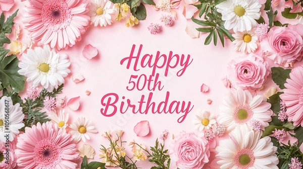Fototapeta Elegant Happy 50th Birthday Greeting with Pink and White Flowers on a Soft Pastel Background – Milestone Celebration Design