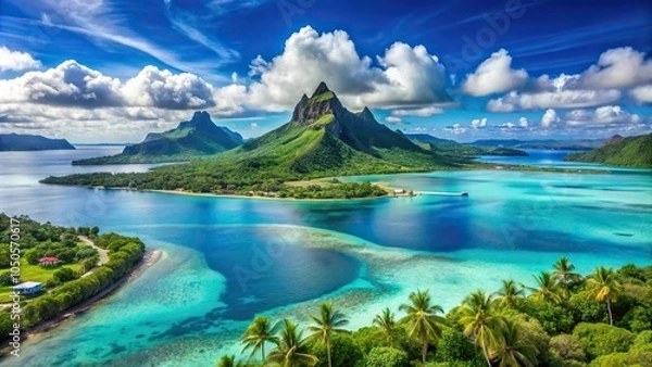 Obraz Symmetrical aerial view of Bora Bora lagoon with Raiatea and Tahaa islands in background