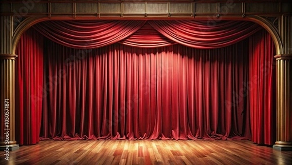 Obraz Symmetrical stage with red velvet curtain in a theater