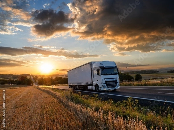 Obraz White truck driving on the asphalt road in rural landscape at a dramatic sunset