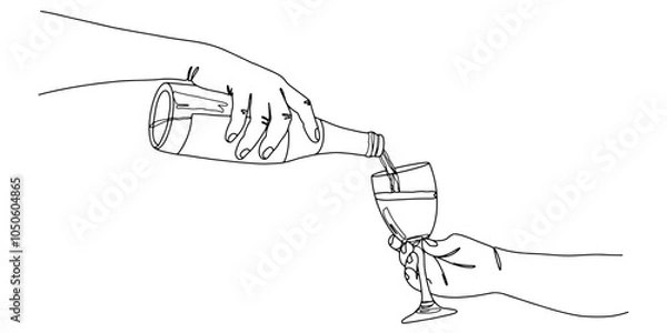 Fototapeta Vector illustration of a hand pouring wine or champagne from a bottle into a wine glass, with droplets and spill details. The image is in grayscale, with simple, clean lines and a minimalist style.