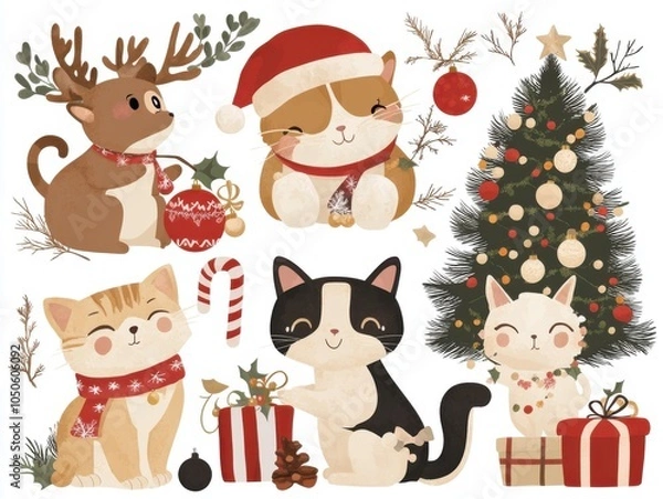 Fototapeta Whimsical christmas vector illustration set featuring playful animals and festive decor Generative Ai