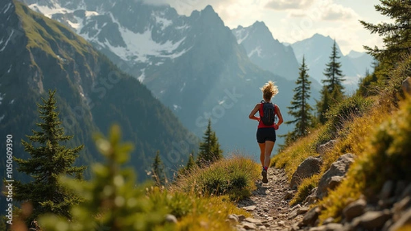 Fototapeta Trail running in the mountains, 16:9 widescreen, 300 dpi, with free space for text