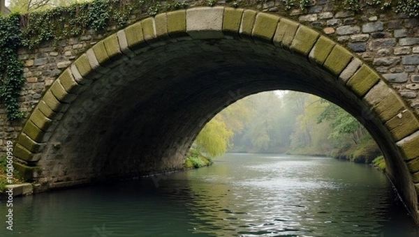 Fototapeta Serenity found under an ivy covered stone arch bridge over a tranquil river