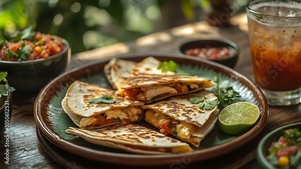 Fototapeta An elegant dining setup featuring mini chicken quesadilla slices with crispy tortillas and melted cheese, served on a ceramic platter, surrounded by fresh herbs, salsa, and a glass of margarita,
