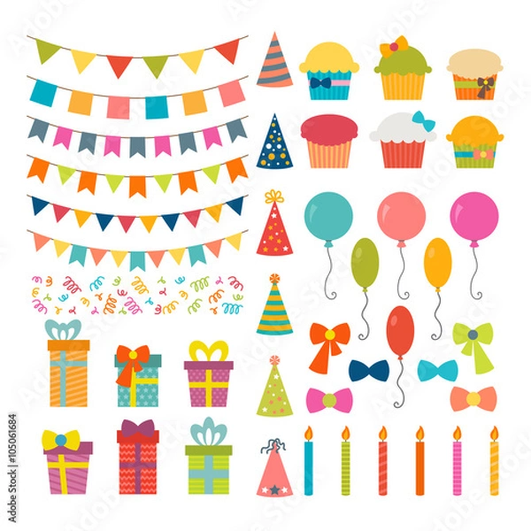 Fototapeta Set of birthday party design elements. Colorful balloons, flags,