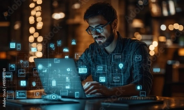 Fototapeta Software developer working on laptop, surrounded by icons representing concept of Minimum Viable Product MVP, most basic version of a product that meets essential requirements, Generative AI