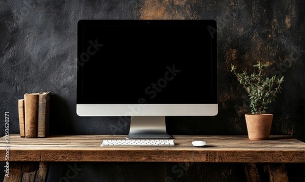 Fototapeta Modern computer with a blank screen on a wooden desk against a dark wall, ideal for mockups and presentations, Generative AI