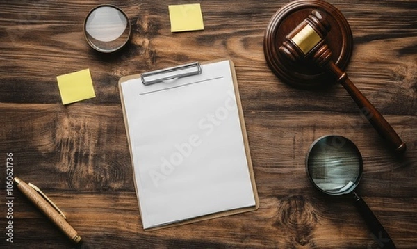 Fototapeta Detailed preparation for personal injury claims with notepad, pen, magnifying glass, and sticky note on a wooden desk highlighting legal documentation, Generative AI