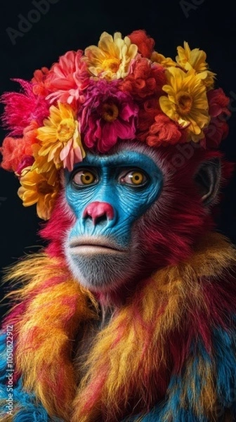 Obraz Anthropomorphic Baboon Clown Portrait in Colorful Costume with Makeup, Combining Animal and Human Characteristics for Halloween, Circus, or Artistic Concept, Generative AI