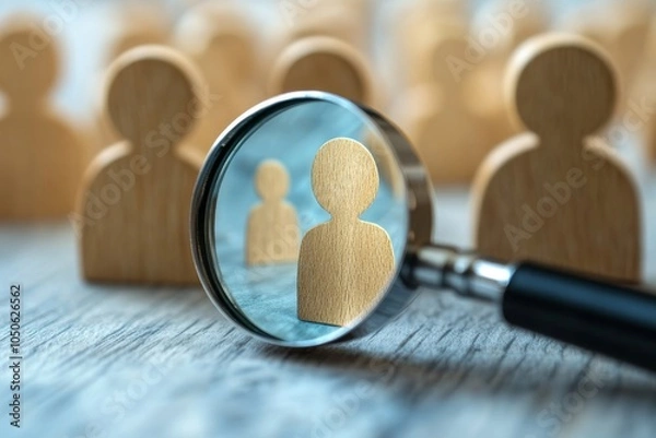 Fototapeta Recruitment, HR Recruiter Examining Candidate with Magnifying Glass - Finding New Hires, Job Applicant Scanning, Generative AI
