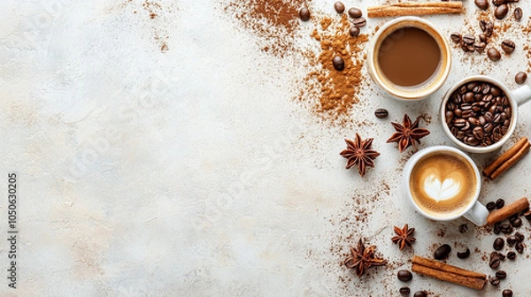 Fototapeta Light background with coffee cups and decorations of star anise and cinnamon on a white surface