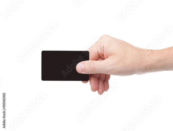 Obraz black card in a human hand isolated on white background