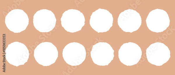 Obraz Set of empty clean frames in shape of white paper circles with jagged torn edges, arranged in two rows of six.Vector illustration of background templates for text, collages, tables, infographics.