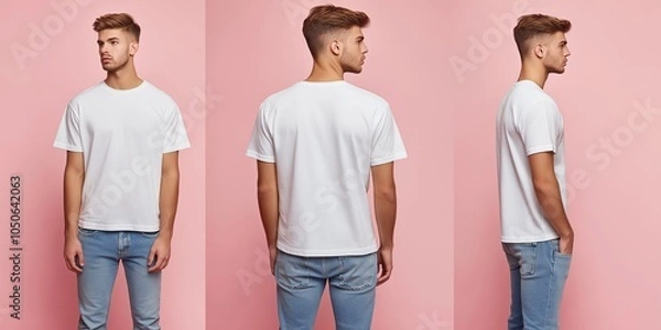 Fototapeta Casual Model Displays a White T-Shirt With Light Jeans Against a Pink Backdrop in a Simple Photo Shoot Setting