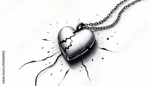 Fototapeta Illustration of a broken heart-shaped locket with cracks hanging from a chain, Jealousy , copy space