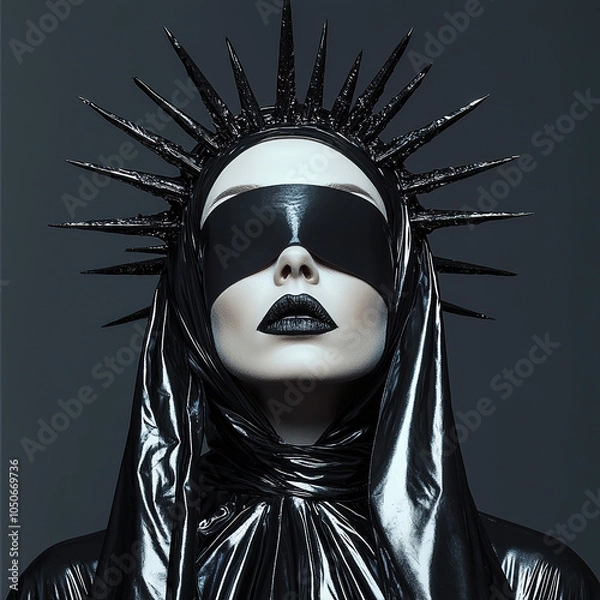 Fototapeta Beautiful nun dressed in latex suit with black lipstick and blindfold. BDSM mistress