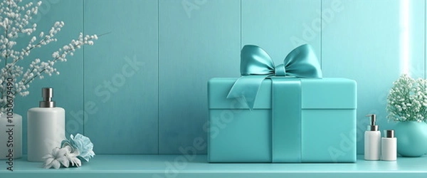 Fototapeta Turquoise gift box with cosmetic bottles and flowers on shelf. Beauty brand packaging design