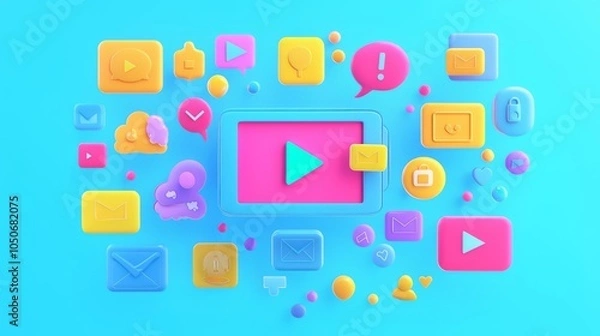 Fototapeta A vibrant arrangement of colorful multimedia icons symbolizing digital communication and video content creation.