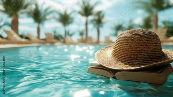 Obraz Straw Hat and Book Floating in a Swimming Pool