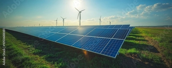 Fototapeta Solar panels with wind turbines cultivate a field. green energy sources. a sunny setting with an energy generator for the production of clean energy -, Generative AI