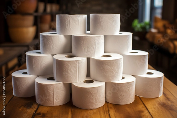 Obraz a stack of toilet paper on a wooden table with a wooden floor