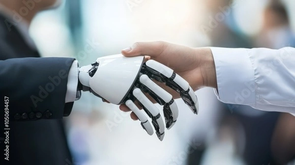 Fototapeta Two people shaking hands with a robot in the background