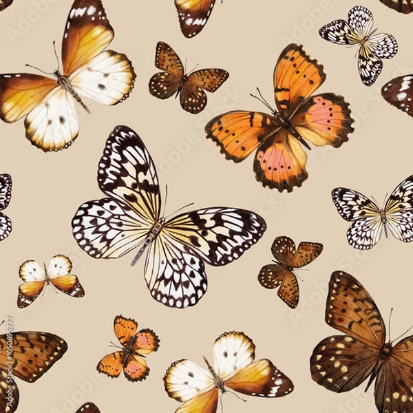 Obraz Watercolor illustration Beige and brown butterflies. Seamless pattern For fabric, textiles, wallpaper, prints, scrap paper