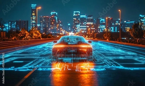 Fototapeta Futuristic Autonomous Car on Smart Road with Advanced Sensing and Communication System, Glowing Nightscape, Self-Driving Vehicle Technology, Driverless Car, Generative AI