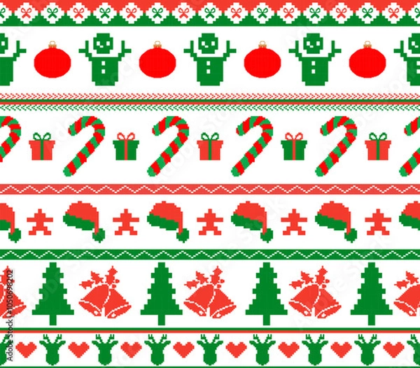 Fototapeta Seamless knitting pattern for winter with squirrels, Christmas ornaments, vector, pixel.