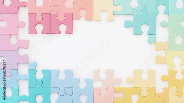 Obraz Colorful puzzle pieces frame a blank space, symbolizing problem-solving, creativity, and teamwork in a playful design.