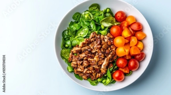 Fototapeta A nutritious breakfast plate with grilled salmon, eggs, vegetables, and grains, showcasing a balanced meal for healthy eating..
