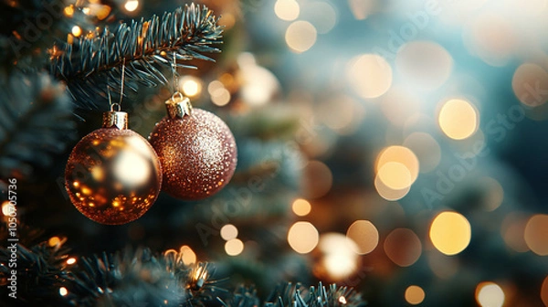 Fototapeta Beautiful Holiday Banner with Christmas balls and text space, bokeh background	