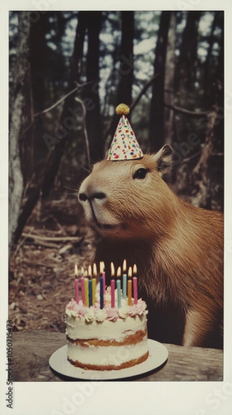 Obraz Capybara with candle on birthday cake. 