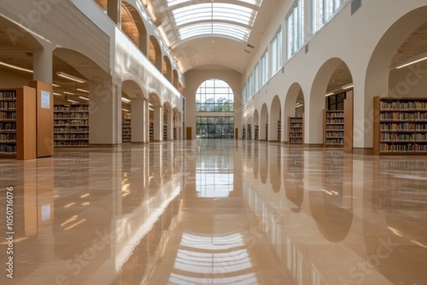 Fototapeta a long hallway with bookshelves and a skylight
