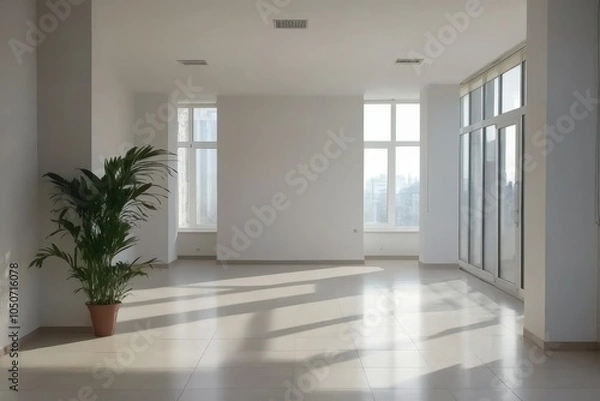 Fototapeta empty white room with large windows and a potted plant